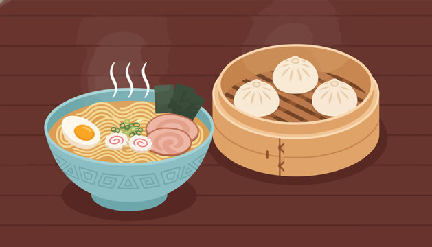 Ramen bowl and steamed dumplings in a flat vector illustration