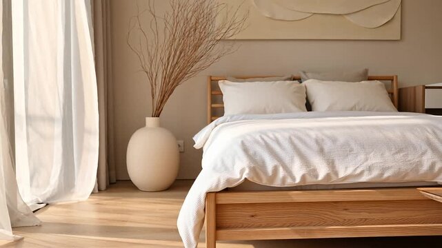 Modern minimalist bedroom with wooden bed and sheer curtains swaying in light