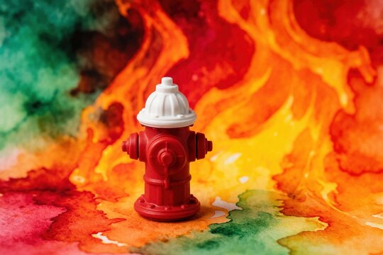 Red fire hydrant stands against bright watercolor background with orange, yellow flame patterns. Abstract art style mimics burning fire, smoke. Concept of fire safety, emergency protection equipment