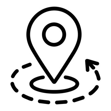 Black map pin marker centered above a dashed circular radius with a rotating arrow indicating current position, geolocation update, or navigation target on a white background