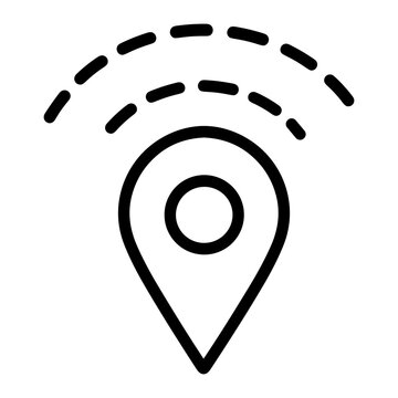 Minimal black map-pin location icon with dashed wireless signal arcs above, symbolizing GPS beacon, geolocation broadcasting, and wireless tracking for navigation and mapping interfaces