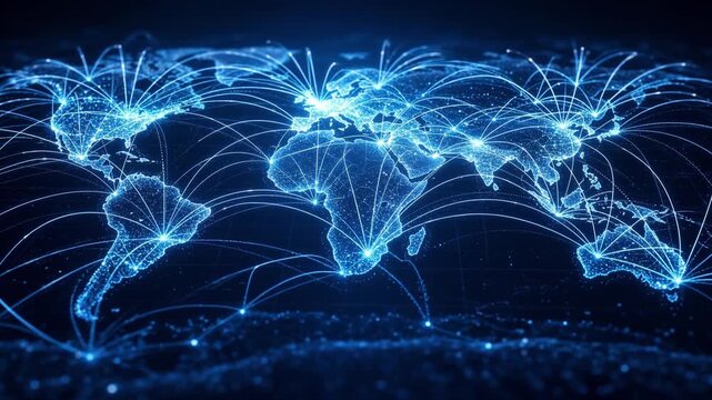 Global Digital Network Connection World Map with Glowing Blue Data Lines and Communication Nodes