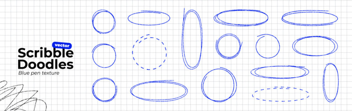 Hand drawn blue pen ovals and circle frames set. Scribble doodle set on notebook paper. Round bubbles to highlight text. Ellipses in crayon texture. Thin rough line. Vector illustration