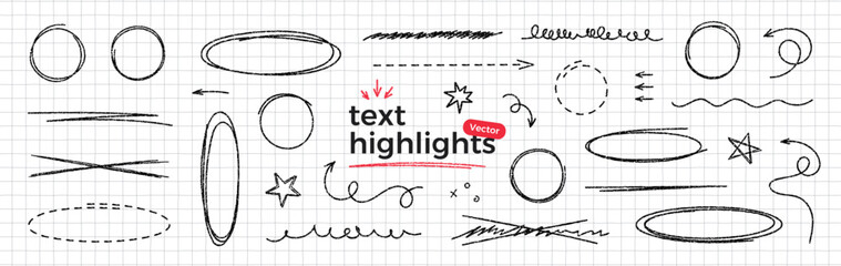Plakat Hand drawn scribble highlights. Black pen texture doodle set on notebook paper. Round and oval bubbles to highlight text. Thin rough line. Sketchy underlines and arrows elements. Vector illustration