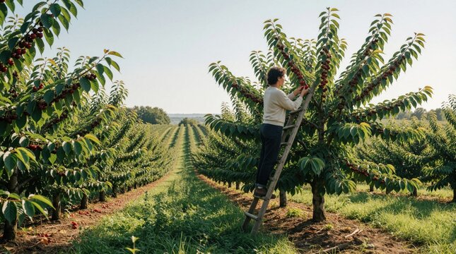 Person climbs wooden ladder to pick ripe red cherries from tree in orchard. Farmer harvests fresh organic fruit during sunny summer day. Agriculture worker collects juicy produce in green garden