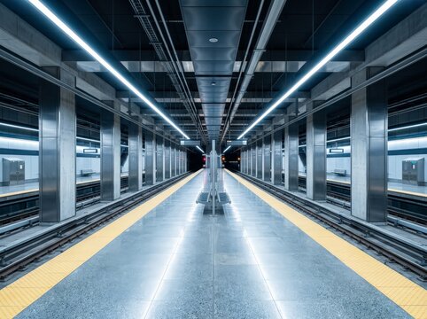 Empty subway platform with tracks and yellow safety lines