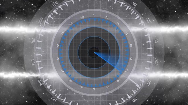 Radar screen animation scans cosmic outer space with nebula effects. Celestial surveillance data guides radar screen. Deep space detection monitors on screen.