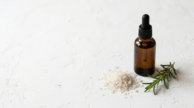 Skincare dropper bottle with salt and rosemary on a surface