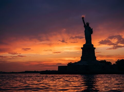 Statue of liberty glowing at sunset in new york harbor