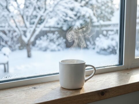 Steam rising from coffee beside a snowy window