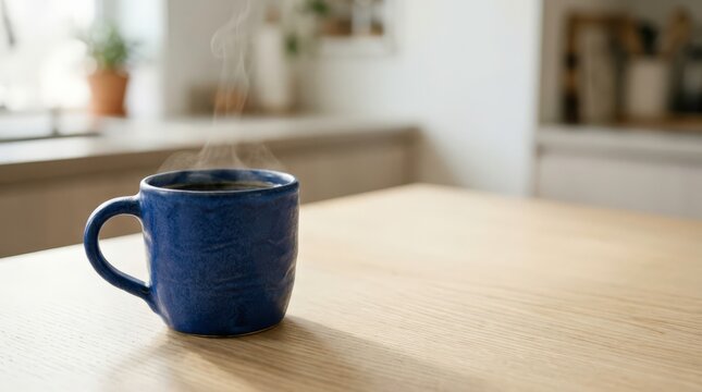 Steam rising from coffee in a blue mug on a kitchen table