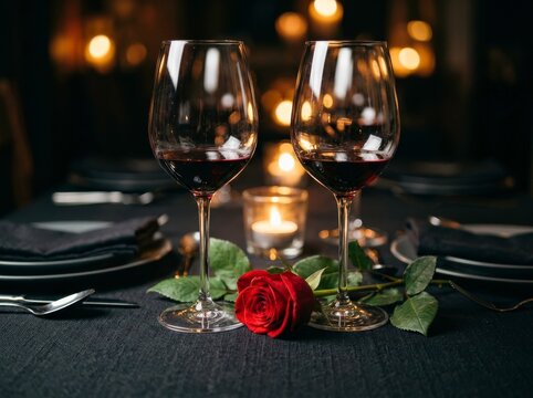 Red rose and wine glasses on a dinner table