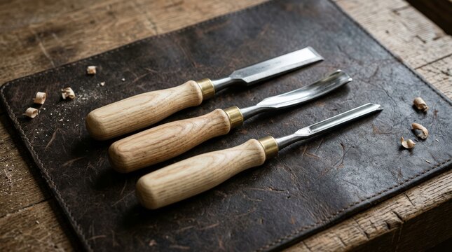 Carving chisels arranged on a woodworker's bench
