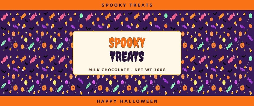 Halloween candy bar wrapper template with spooky treats label and candy pattern on purple, printable chocolate bar wrapper design for party favors