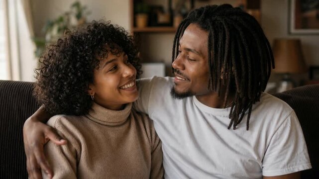 Happy young african american couple cuddling on the sofa at home. Loving man with dreadlocks embracing and kissing his smiling girlfriend on the cheek
