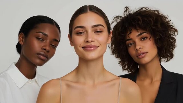 Three Diverse Women Pose in Studio Portrait Showcasing Natural Beauty