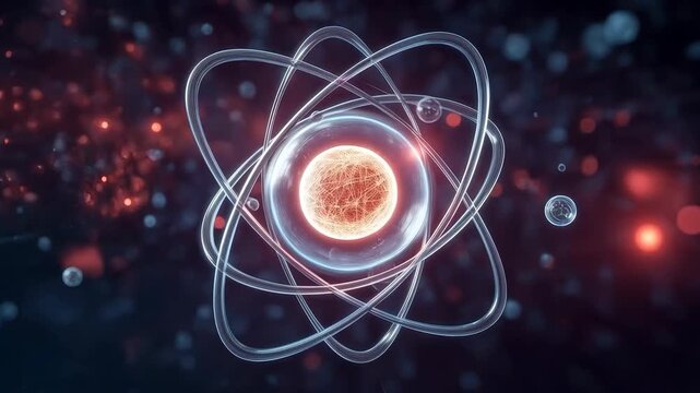 Glowing Atom Illustration Featuring Cosmic Nucleus and Orbiting Electron Paths