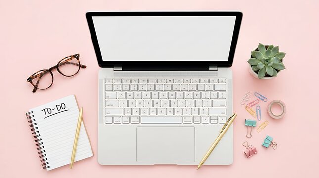 Flat lay composition featuring a laptop computer optical eyewear notepad and office supplies arranged neatly against a pastel pink backdrop flat lay pastel background pink background laptop