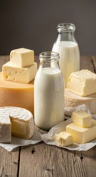 A rustic arrangement of fresh milk in glass bottles, artisan cheese wheels, and creamy butter on a weathered wood table in warm sunlight, cheese, rustic, food