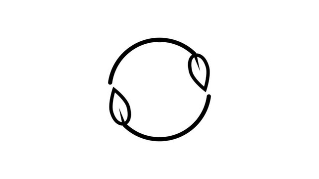 Animated eco icon featuring a water drop and leaves rotating in a circle on a clean white background, symbolizing environmental care, recycling, and green energy.