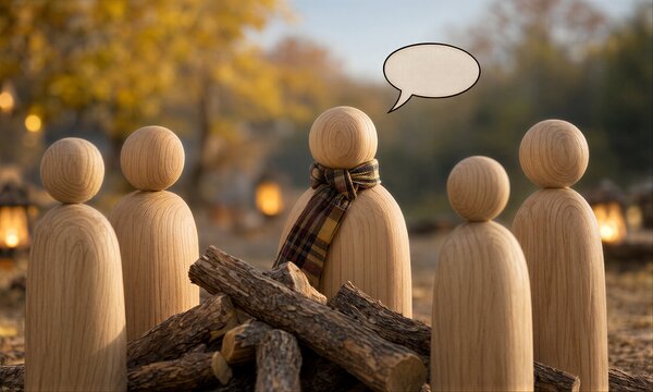 Wooden figures gather around logs, one speaks aloud in golden light.