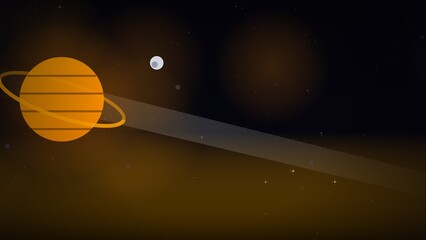 Stylized ringed planet and moon orbit in dark cosmic space with light beams. © Namaku