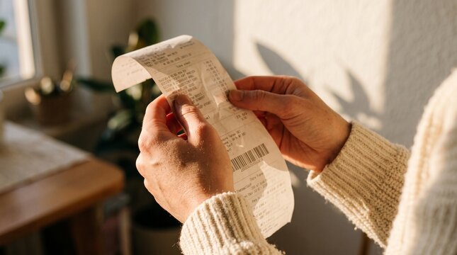 Hands holding long paper receipt. Close up of person checking grocery bill in warm sunlight representing personal finance and budgeting.
