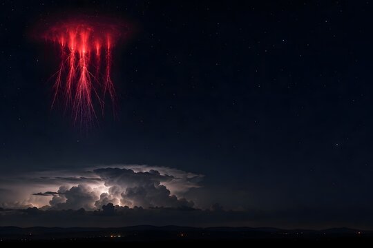 Rare Red Sprite Lightning Above Thunderstorm with Copy Space
