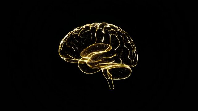 黒一色の深遠な空間の中心に黄金色の輝く粒子で立体構成された人工知能の脳が孤立して浮かび上がる印象的な全体像