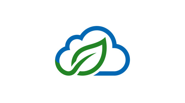 Modern eco friendly cloud computing logo with green leaf and blue cloud outline for sustainable technology