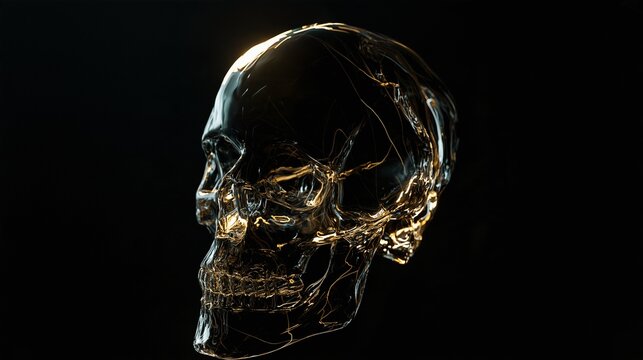 Close-up CG illustration of a transparent crystal skull emerging from the darkness  