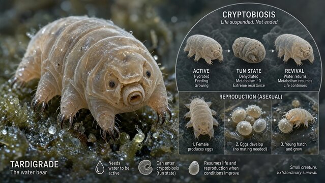 Scientific visual model of tardigrade water bear showing dehydrated tun state adaptation to extreme environmental conditions and return to normal reproductive life