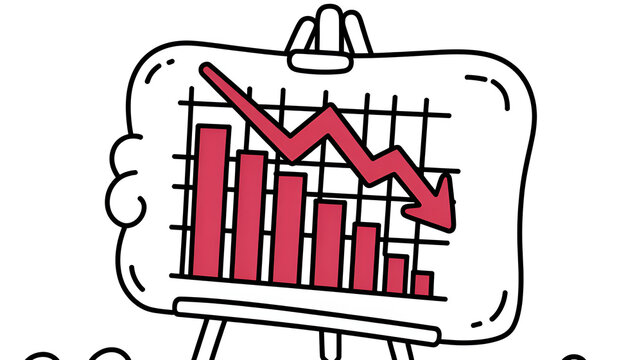 Red arrow graph showing decline on easel with grid lines during concept presentation
