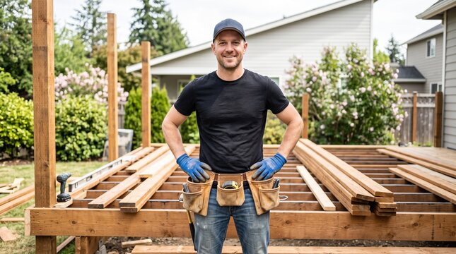Smiling construction worker standing on a wooden deck frame during