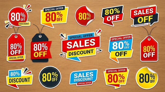 Setpromotional sales discount labels featuring eighty percent off special offer tag design elements for retail commerce marketing campaigns advertising store banners and online shopping deals