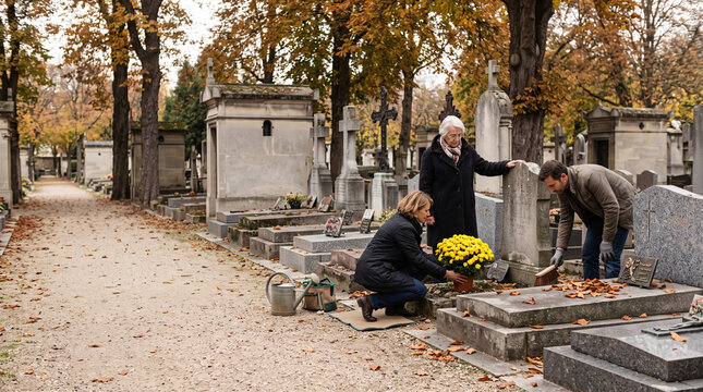 Famille nettoyant et fleurissant une tombe dans un cimeti&egrave;re