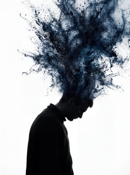 Silhouette of a man with head exploding into dark blue smoke