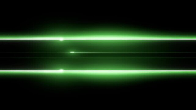 Parallel green neon light lines with pulsing glow and sliding light dots on black background