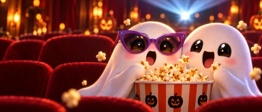 Cute cartoon ghosts eating popcorn in a movie theater decorated for Halloween. Spooky holiday entertainment. Family friendly Halloween celebration and cinema fun. Banner format