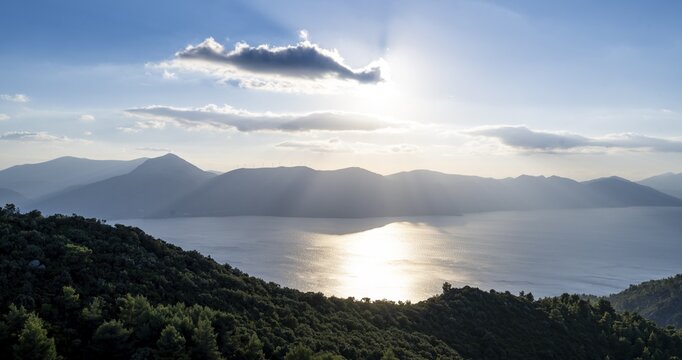 Volcanic peninsula Methana, view over the sea and landscape with mountains and extinct volcanoes, Saronic Gulf, Peloponnese, Greece