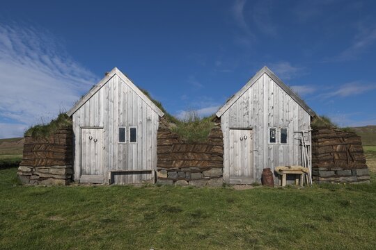 Horse stable and tool shed in original peat construction, L&yacute;tingssta&eth;ir, North Iceland, Iceland