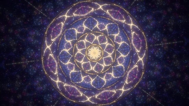 Glowing gold mandala background with kaleidoscope particle pattern morphing on purple space, seamless loop