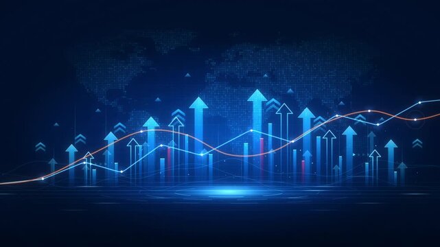 Rising arrows growth background with line graphs drawing over dotted world map, big glowing arrow in blue