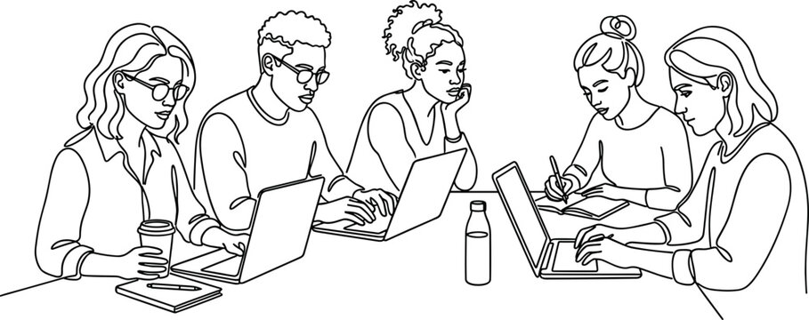 Five diverse students collaborating at a desk with laptops and study materials in a clean line art style.