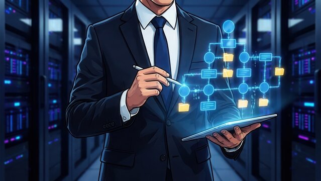 Businessman in a suit holding a tablet with a glowing blue organizational chart and folder in a server room with rows of computer racks