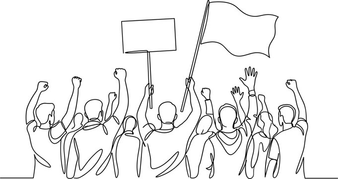 A continuous line art illustration of a crowd of people protesting with a flag and a blank sign.