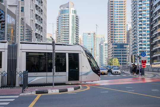 Modern cityscape with a tram