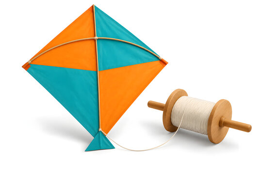 Makar Sankranti Kite and Wooden String Spool Isolated on White 3D Render