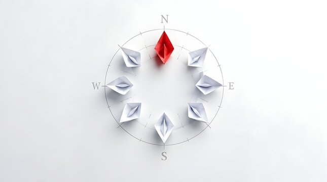 Conceptual top view of a red paper boat leading white paper boats in a circle on a compass rose background, symbolizing leadership, vision, strategic direction, and standing out from the crowd.