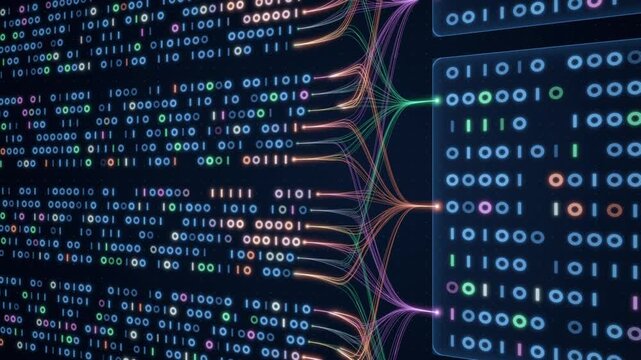 Multicolor binary code streams converging into glass panels through fiber bundles, seamless loop background